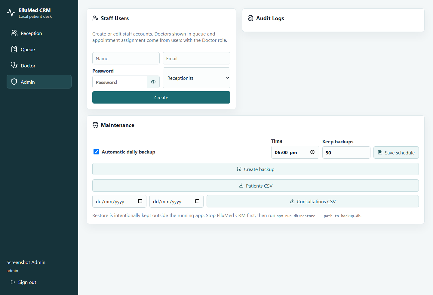 Admin screen with staff user management and backup controls