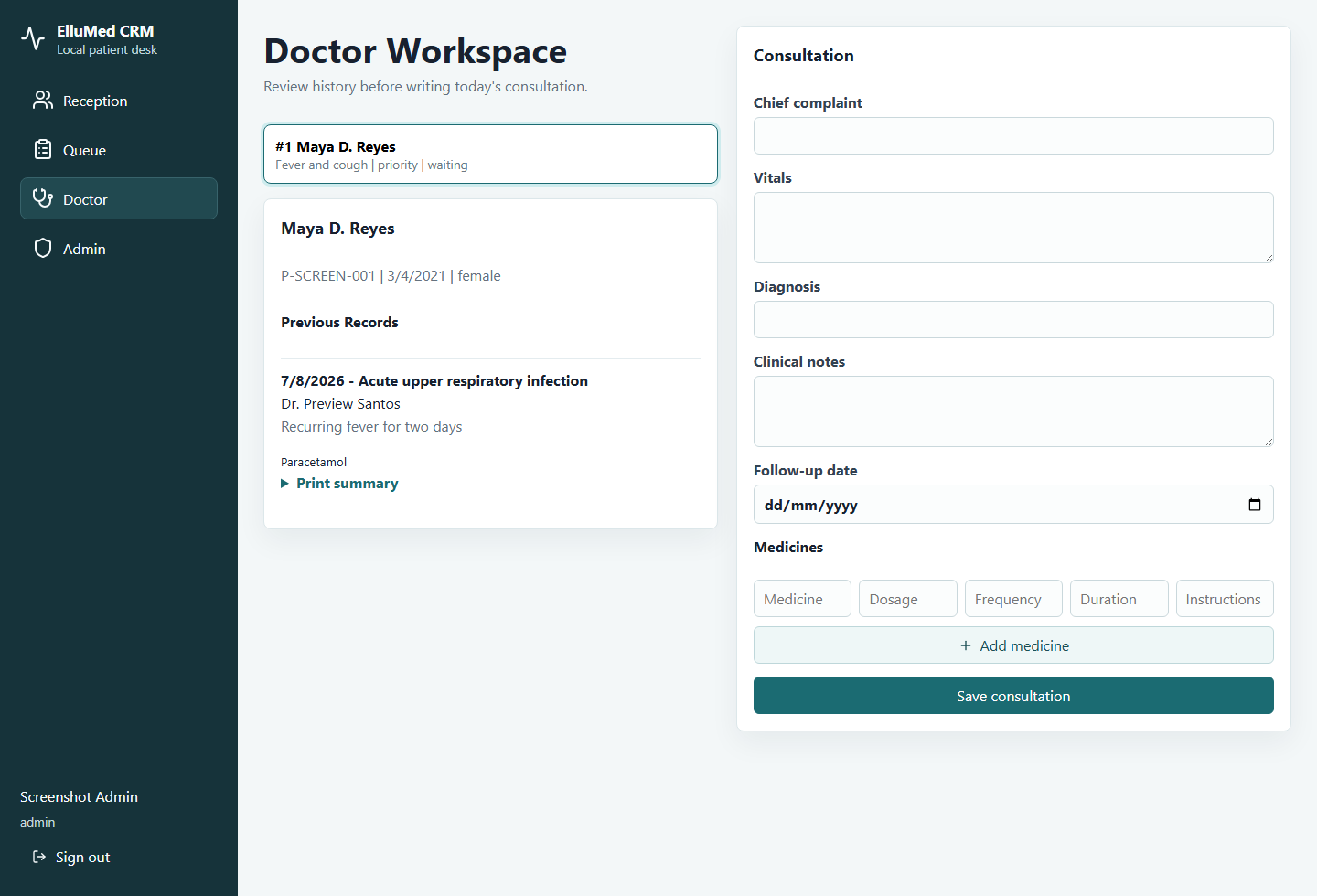 ElluMed CRM doctor workspace showing patient history and consultation form
