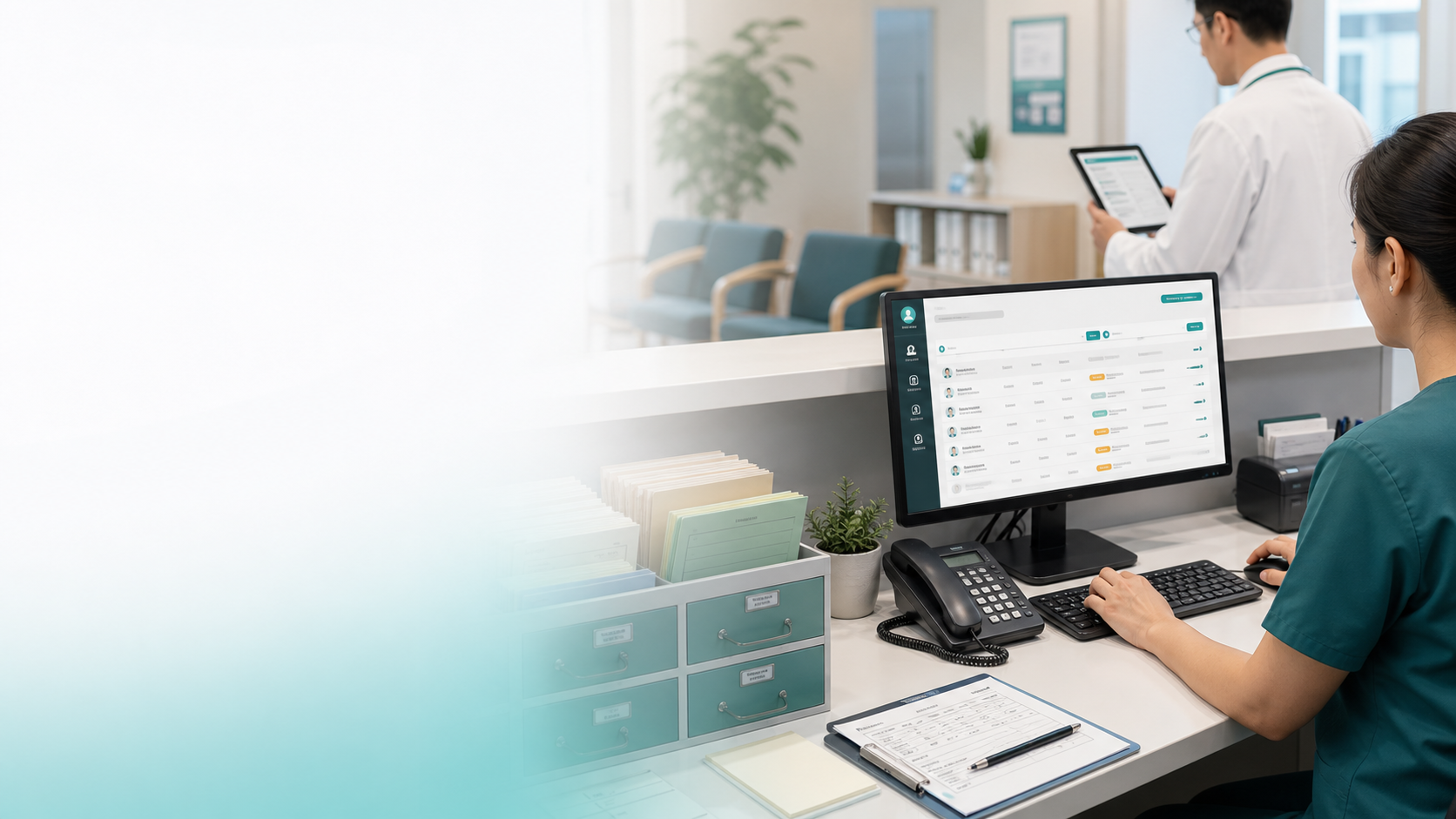 A clinic desk using software to organize records and queues