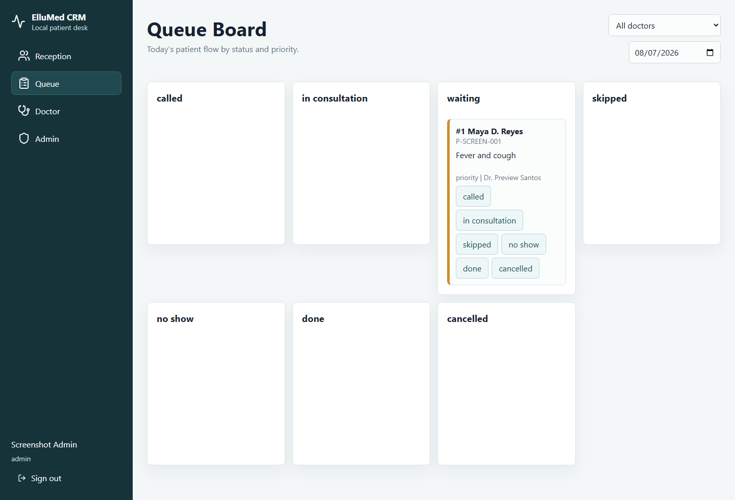 ElluMed CRM queue board showing a priority patient waiting for consultation