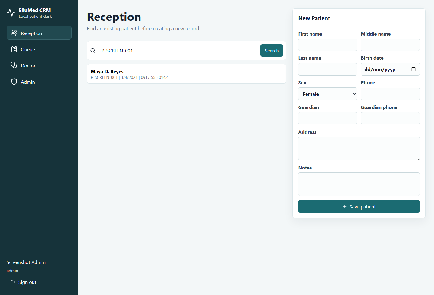ElluMed CRM reception screen showing patient search and new patient form