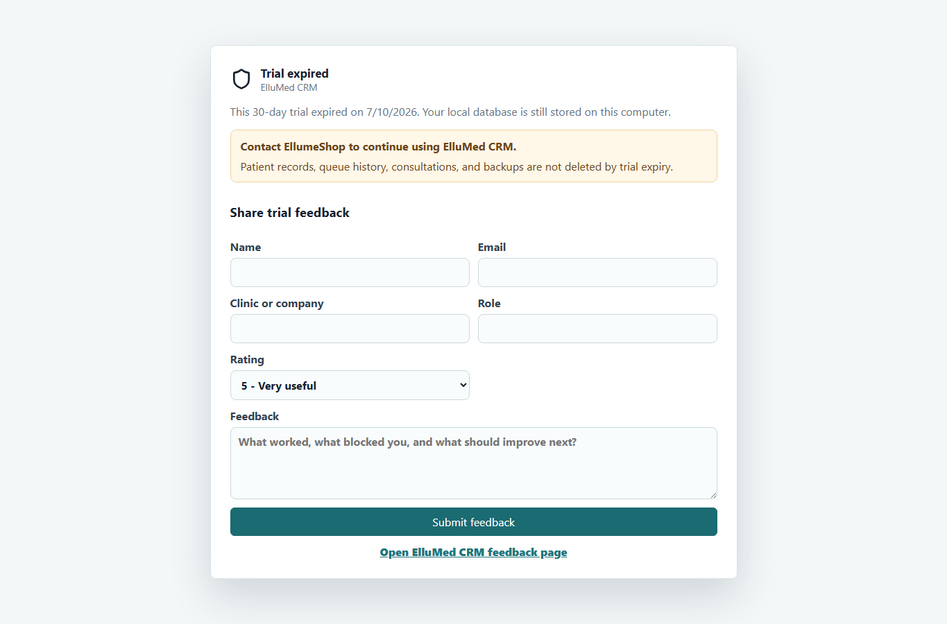 Expired trial screen with feedback form and rating field