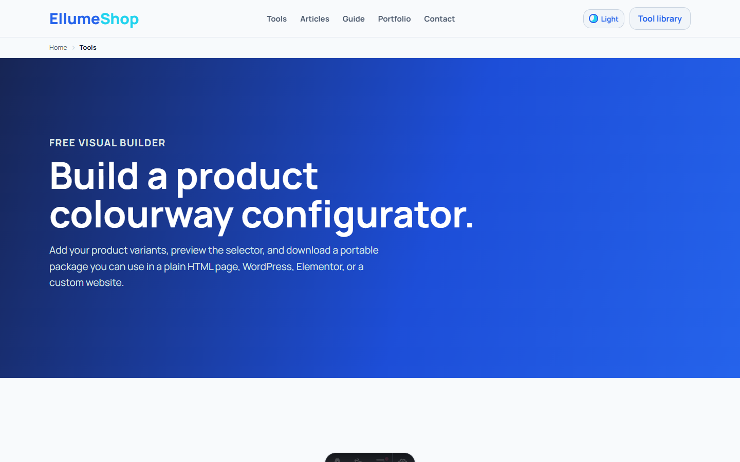 Product Configurator Builder showing colourway controls and live preview